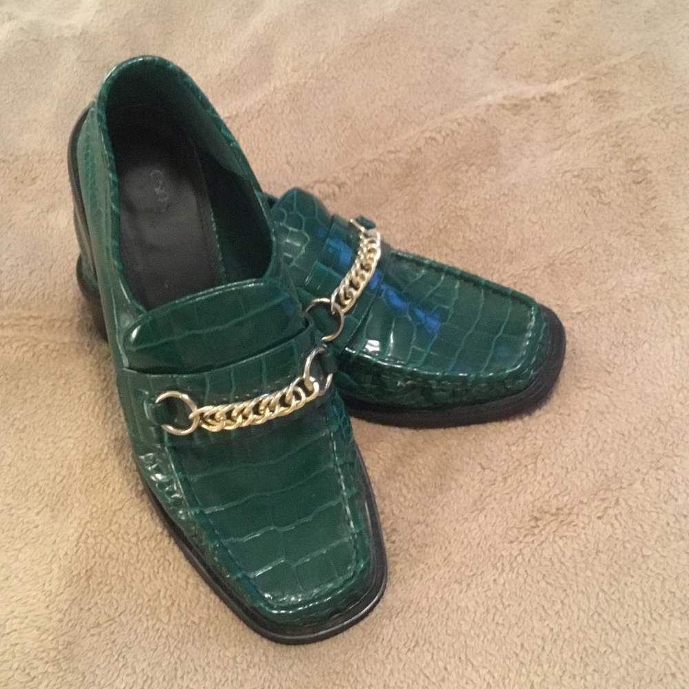 ASOS Emerald Crocodile Loafers with Gold Chain